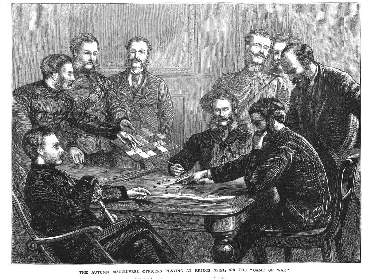 Nineteenth-century engraving of officers playing Kriegspiel around a table